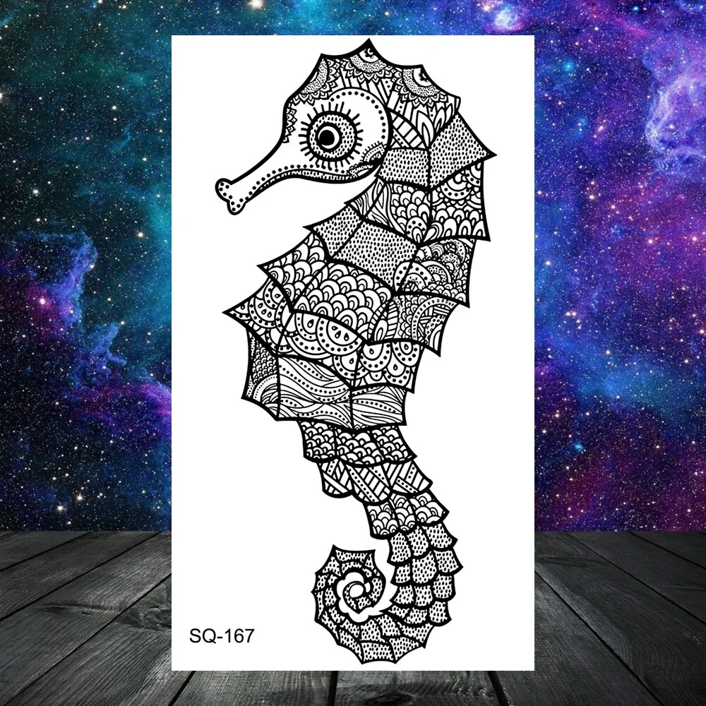 Sdrawing Seahorse Whale Temporary Tattoos For Women Men Cross Anchor Skeleton Thorns Elephant Fake Tattoo Fashion Tatoos Paper
