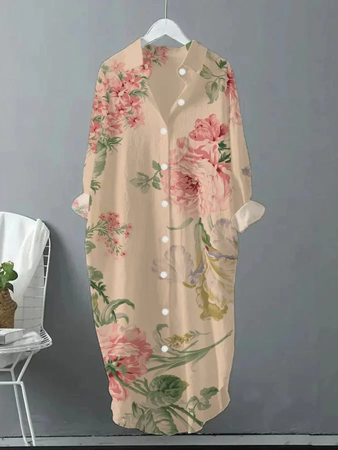 Women's Vintage Botanical Floral Design Printed Loose Shirt Dress