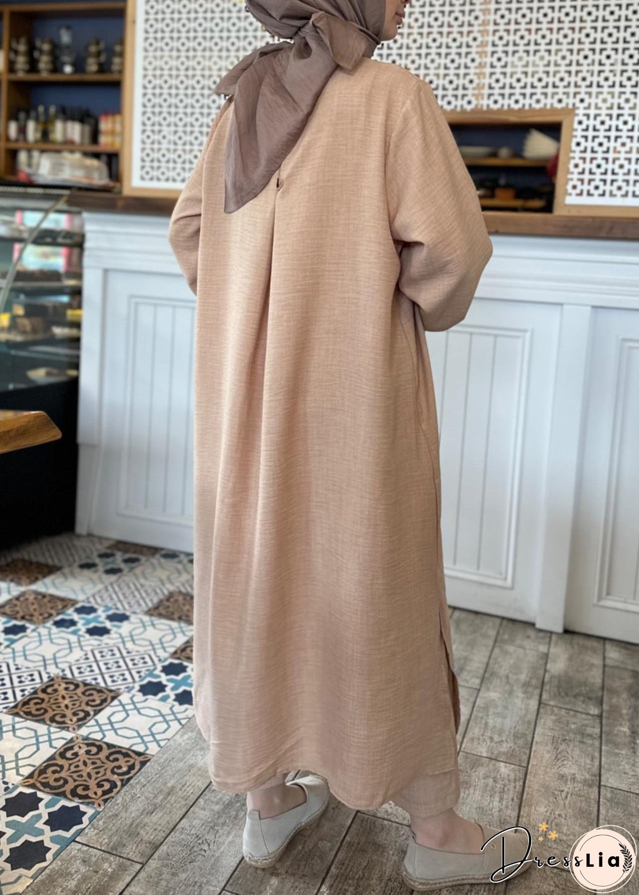 Plus Size Khaki Solid Button Cotton Two Pieces Set Long Sleeve