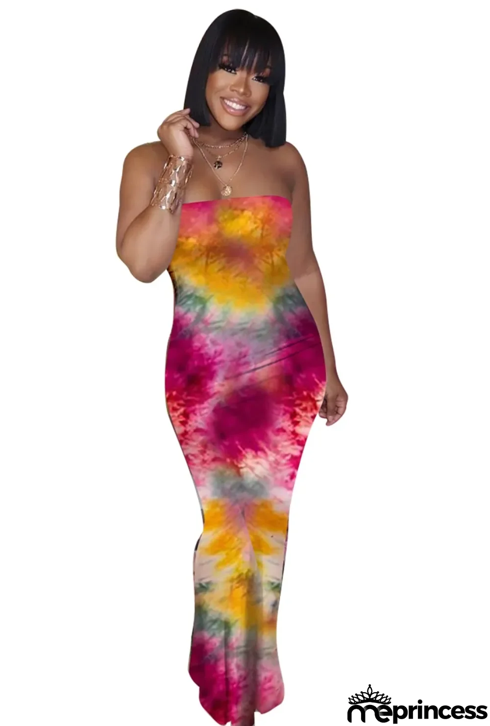 Tie Dye Strapless Sexy Long Dress