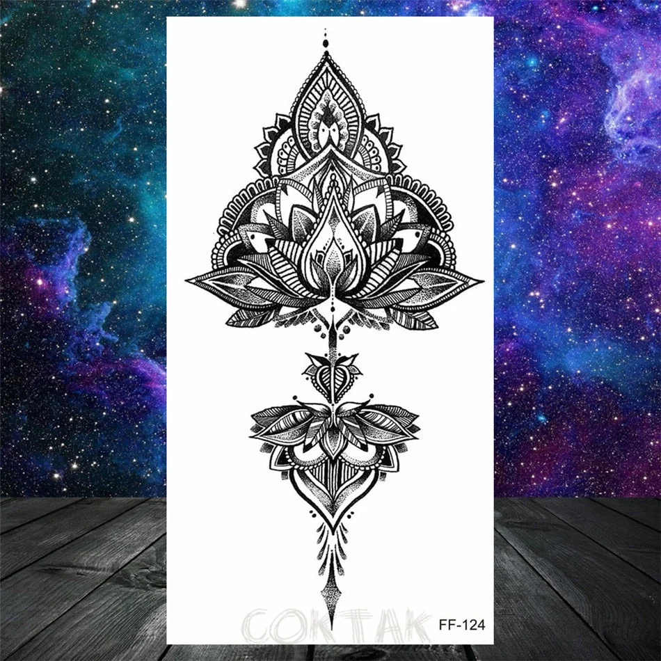 Lotus Flower Temporary Tattoo For Women Girls Snake Peony Lily Rose Chains Tattoos Sticker Black Blossom Fake Transferable Tatoo