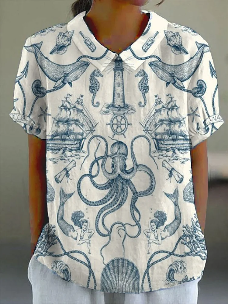 Women's Lapel Ocean Myth Print Short-Sleeved Top