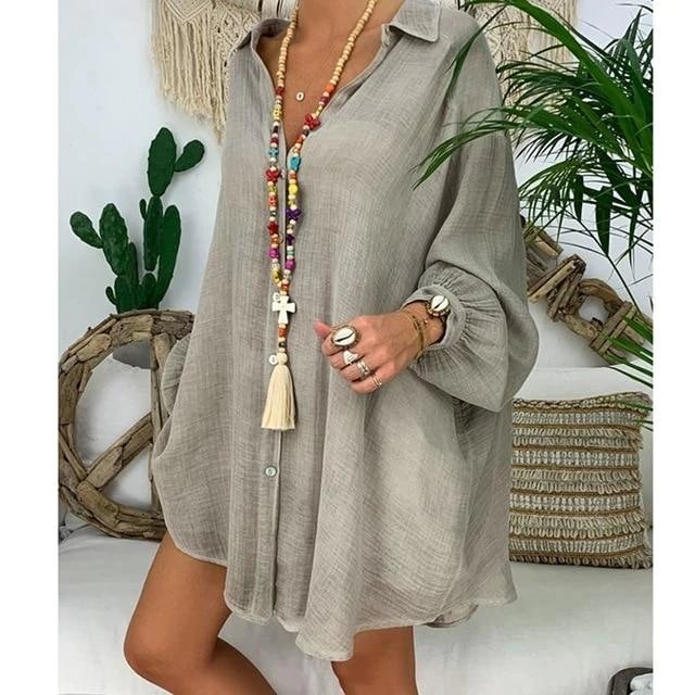 Womens Cotton Linen Plus Size Long Sleeve Turn Down Collar Tunic Button Thin Shirts Casual Blouse Tops Linen