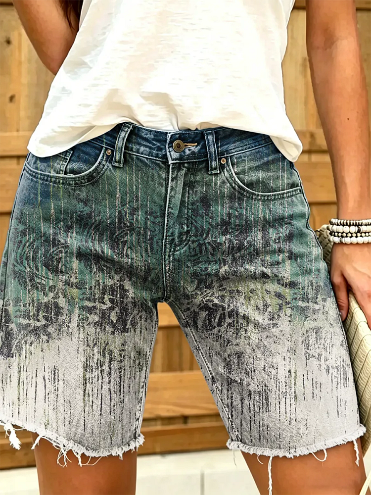 Women's Bohemian-Style Ethnic Floral Art Print Frayed Denim Bermuda Shorts