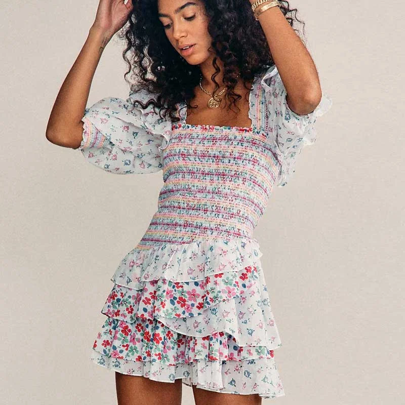 Boho Inspired mixed floral prints ruffled party dress puff sleeve square neck smocked  laides dress mini chic summer dress