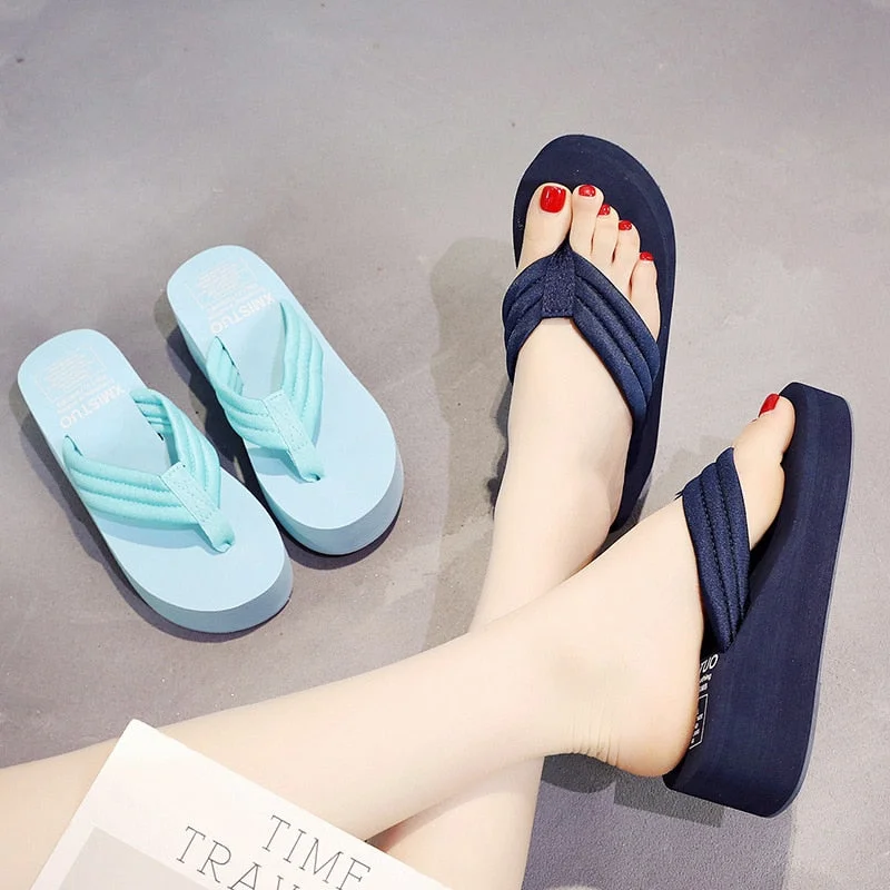 5cm High Heel Women's Summer Thick-soled Sponge Cake Sandals Drag Flip-flops Khmer Beach Women House Slippers  Flip Flops Women