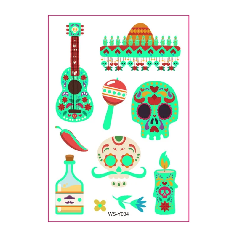 New Day of the Dead Luminous Fluorescent Tattoo Sticker Children's Cartoon Waterproof Guitar Halloween Skull Tattoo