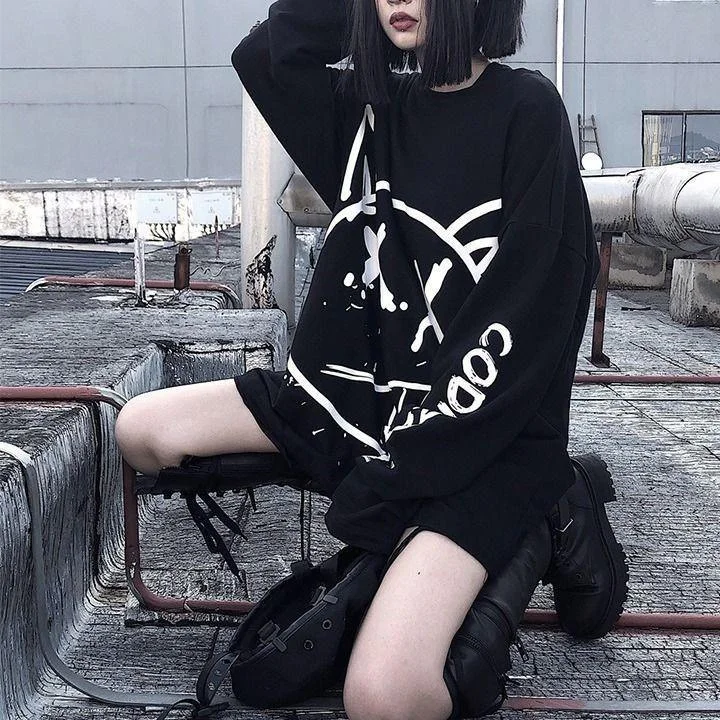 Gothic Harajuku T Shirt Women Korean Fashion Black Long Sleeve Hip Hop Punk Streetwear Autumn Mall Goth Tops Female Tee