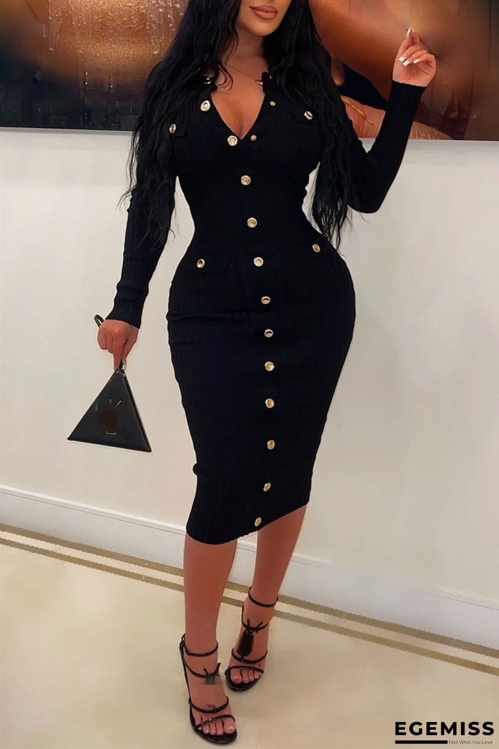 Black Casual Solid Patchwork Turndown Collar Long Sleeve Dresses | EGEMISS