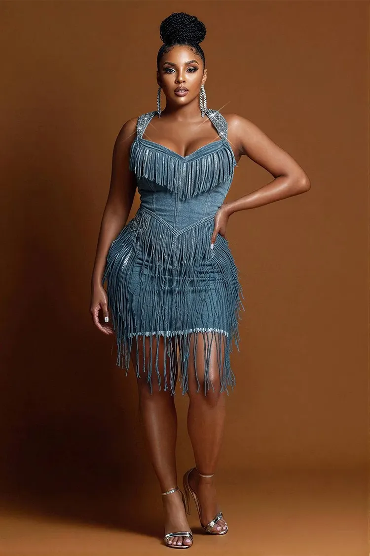 Xpluswear Design Plus Size Party Elegant Blue Square Neck Strappy Bodycon Denim Mini Dresses [Pre-Order] 2024 - Xpluswear