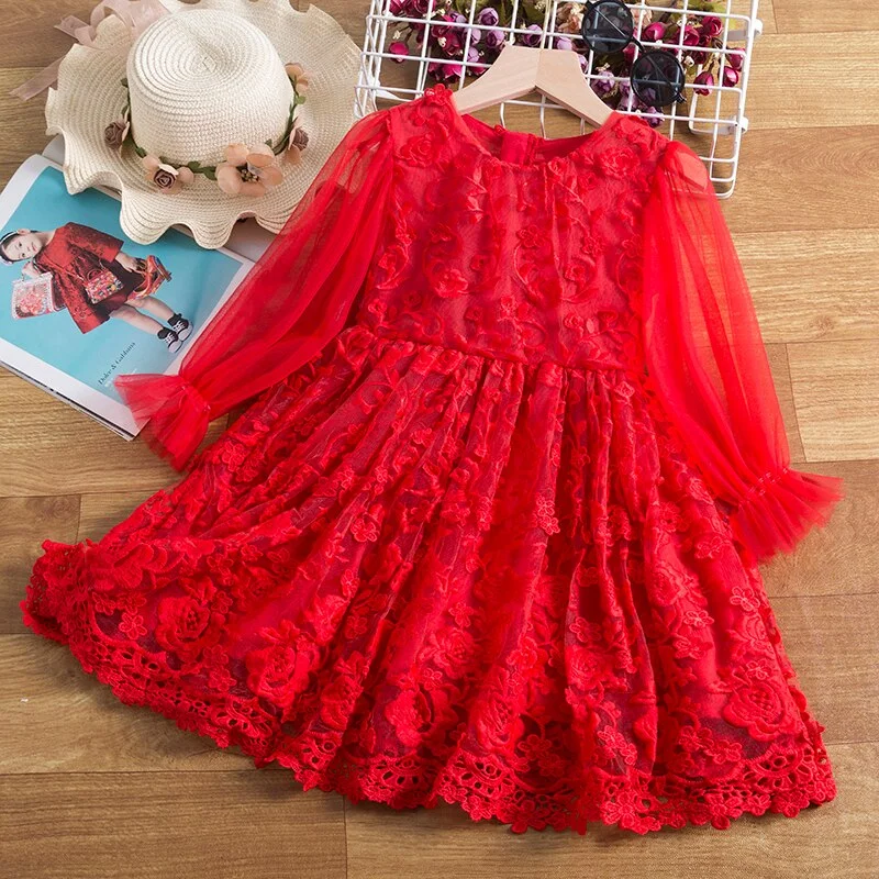 Lace Princess Dress For Girls Winter Long Sleeve Ruffle Dresses Up Kids Children Christmas New Year Party Red Costume Clothes
