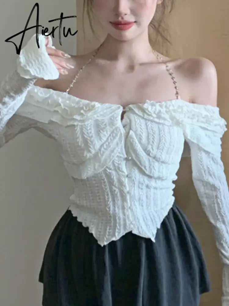 Aiertu Autumn White Sexy Kawaii Blouse Women Korean Fashion Elegant Party Slim Tops Female Ruffle Flounce Designer Casual Blouse 2023 Aiertu