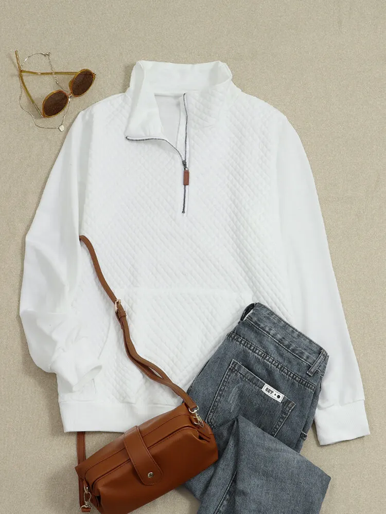 Solid Zip Front Pocket Long Sleeve Lapel Women Sweatshirt