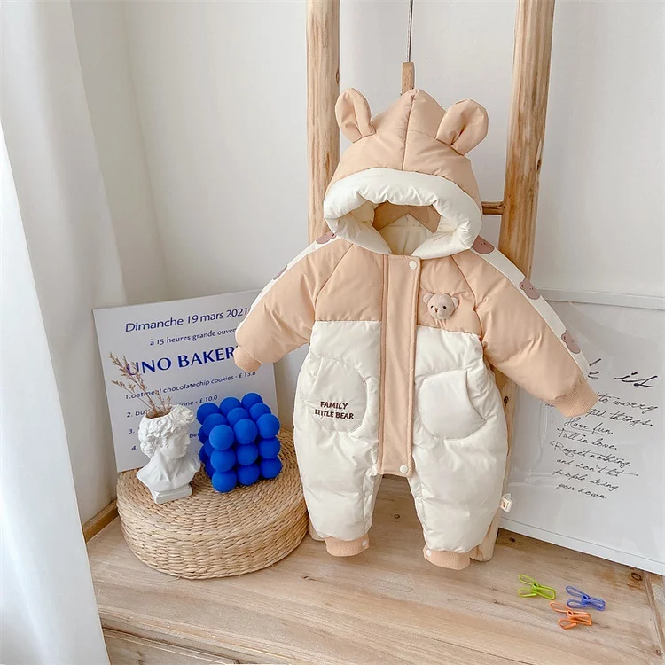 Baby Boy Bear Patch Long Sleeve Hooded Cotton-padded Fluff Romper