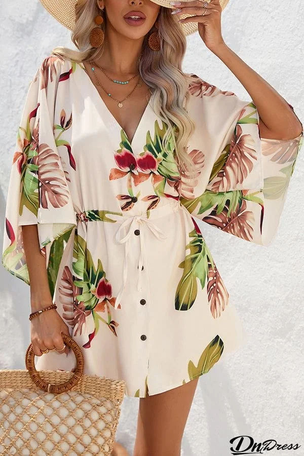 Summer leaf print five quarter sleeve dress