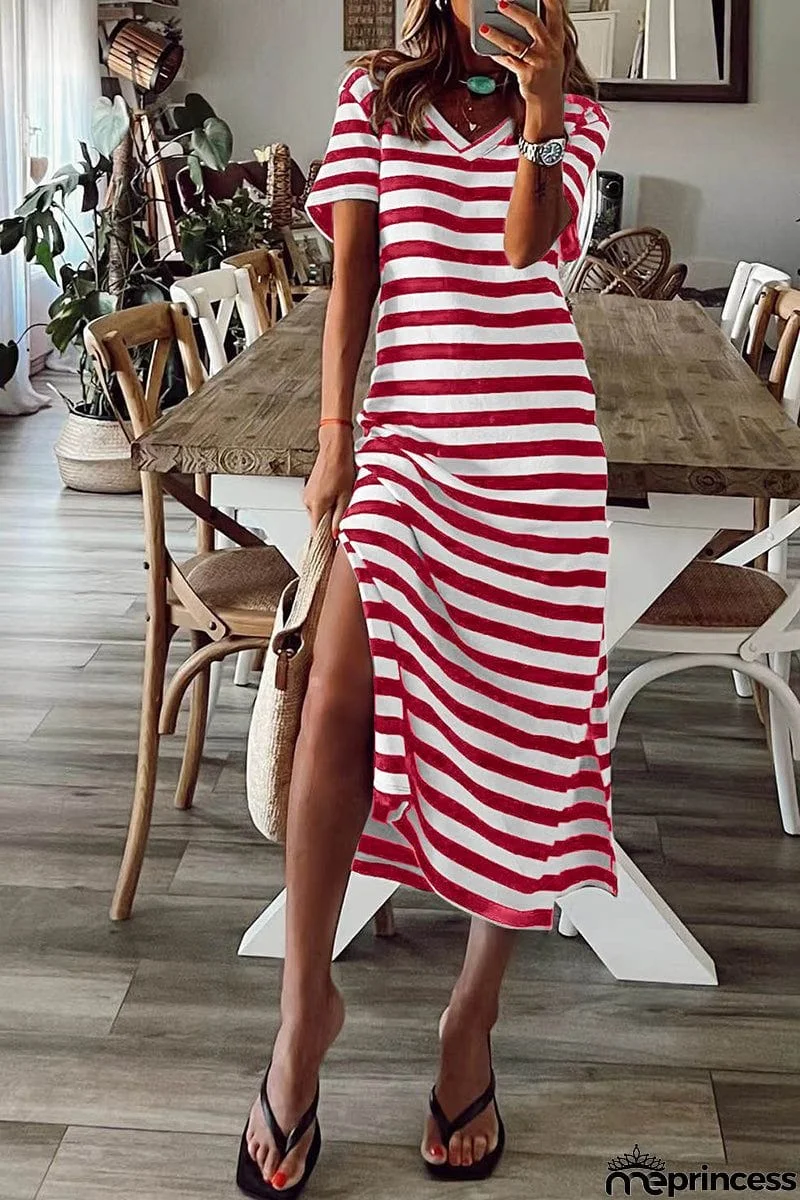 Casual Striped Patchwork V Neck A Line Short Sleeve Dress