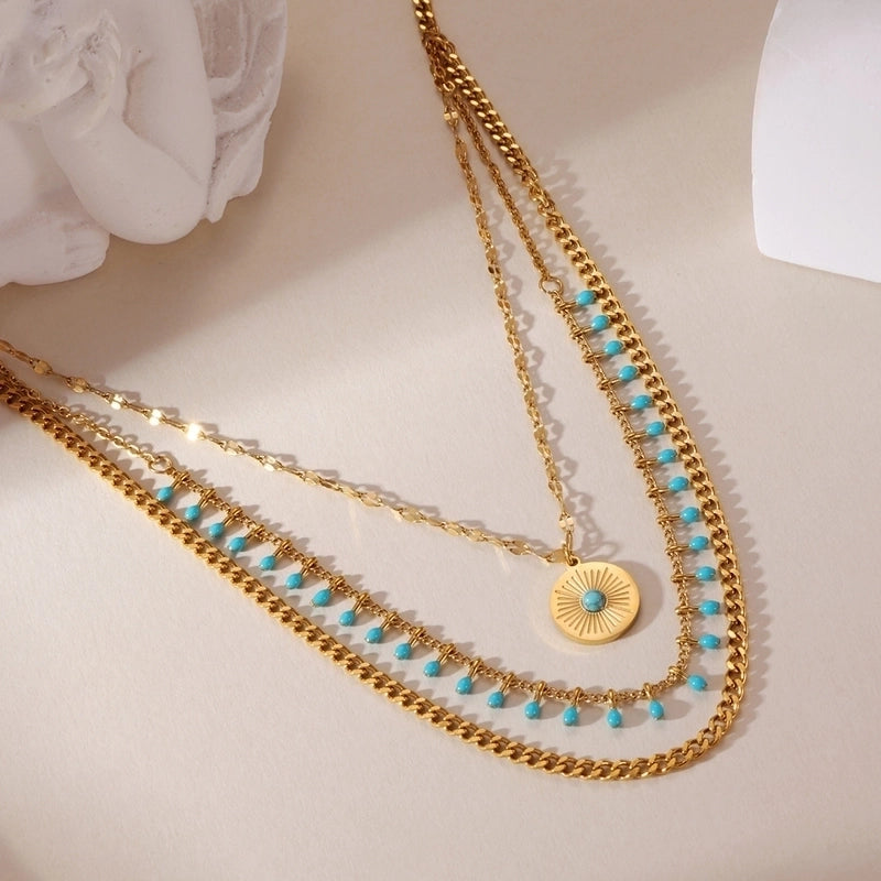 A Temperament 18K Real Gold Stainless Steel Turquoise Star Plate Pendant Multi-Layer Necklace Suitable For Women’s Daily Party Wear