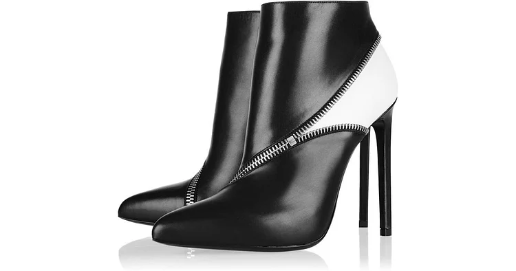 Black and White Zip Style Stiletto Heel Ankle Boots |FSJ Shoes