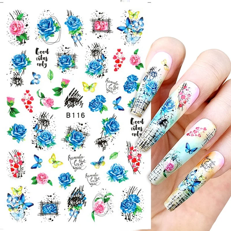 1 Pc Geometric Rose Flower 3D Nail Stickers Butterflies Heart Love Nail Decals Slider DIY Nail Art Decotaion Nail-Nail Inspo