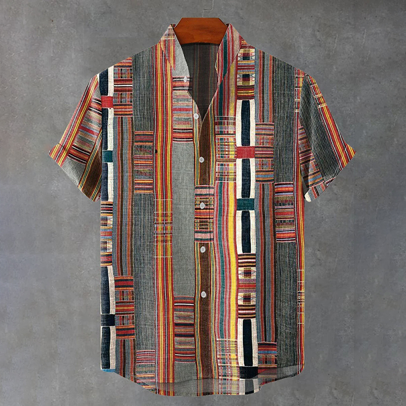 Vintage Striped Geometric Design Print Casual Cotton Shirt  artssus