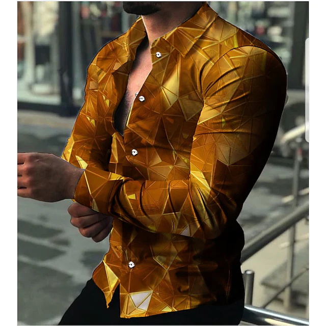men's shirt 3d print geometric turndown daily holiday 3d print button-down long sleeve tops casual fashion breathable yellow