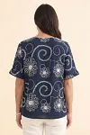 Back view of navy embroidered summer top showing full-coverage botanical pattern and straight hem