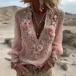 Women's Pink Floral Art Linen Blend V Neck T-shirt - Image 2