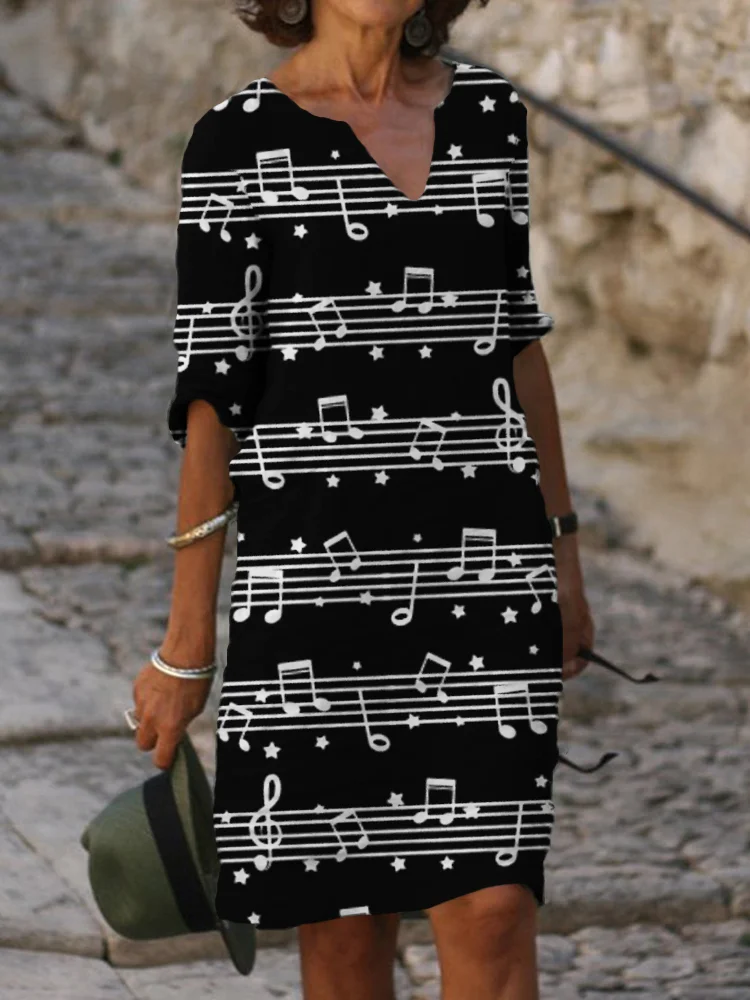 Sheet Music Notch Neck Midi Dress