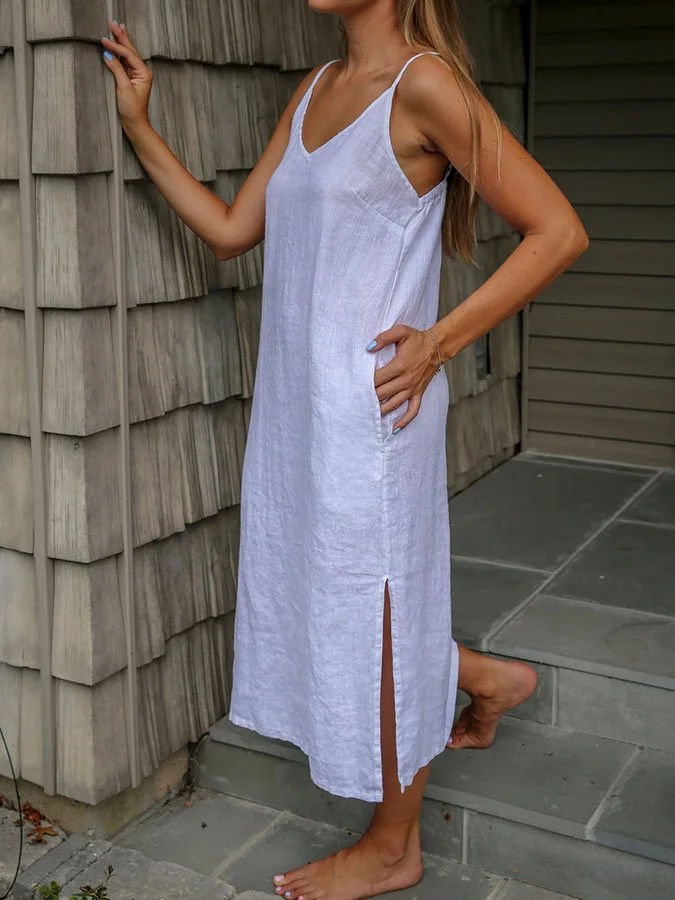 Solid Color Slit With Pocket Cotton Linen Dress