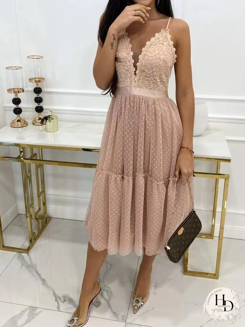 Dresses Sling V-Neck Polka Dot Lace Mesh Dress for Women