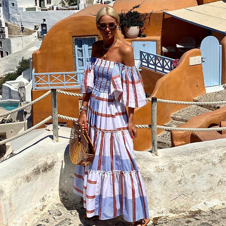 Bandeau Ruffle Striped Printed Dress
