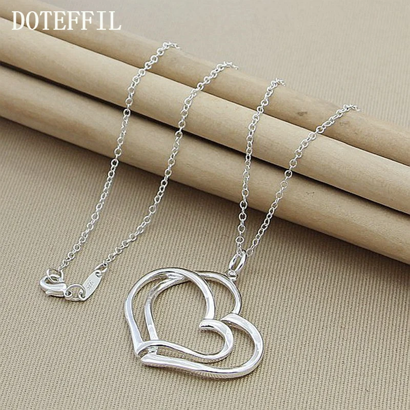 DOTEFFIL 925 Sterling Silver Double Heart Pendant Necklace 18 Inch Chain For Woman Jewelry