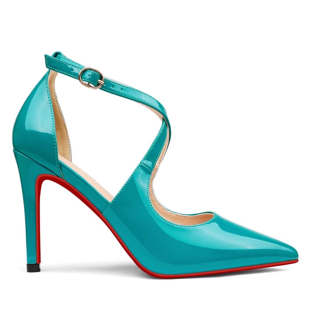 95mm Women's Pointed Toe Cross Strap Heels Ankle Strap Sandals Red Bottoms Pumps Shoes-MERUMOTE