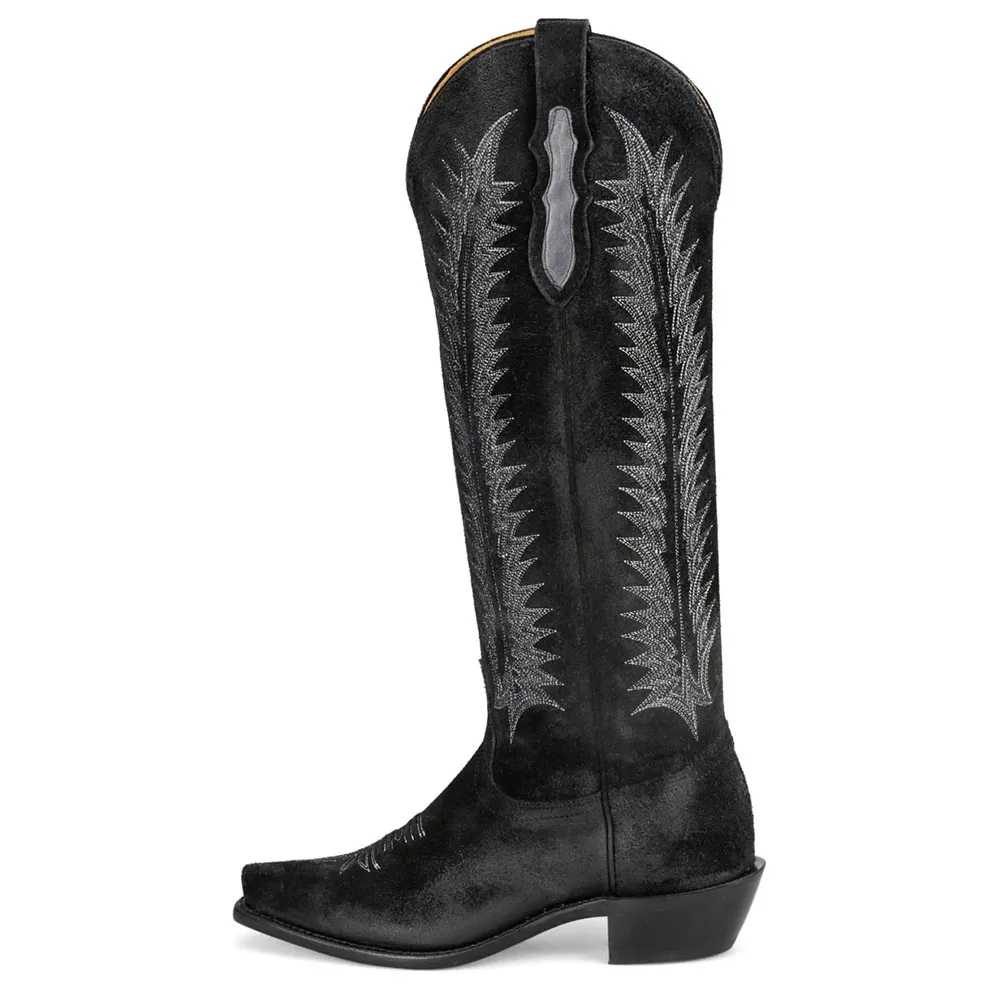 Black Snip Toe Chunky Heel Cowgirl Tall Boots with Embroidery