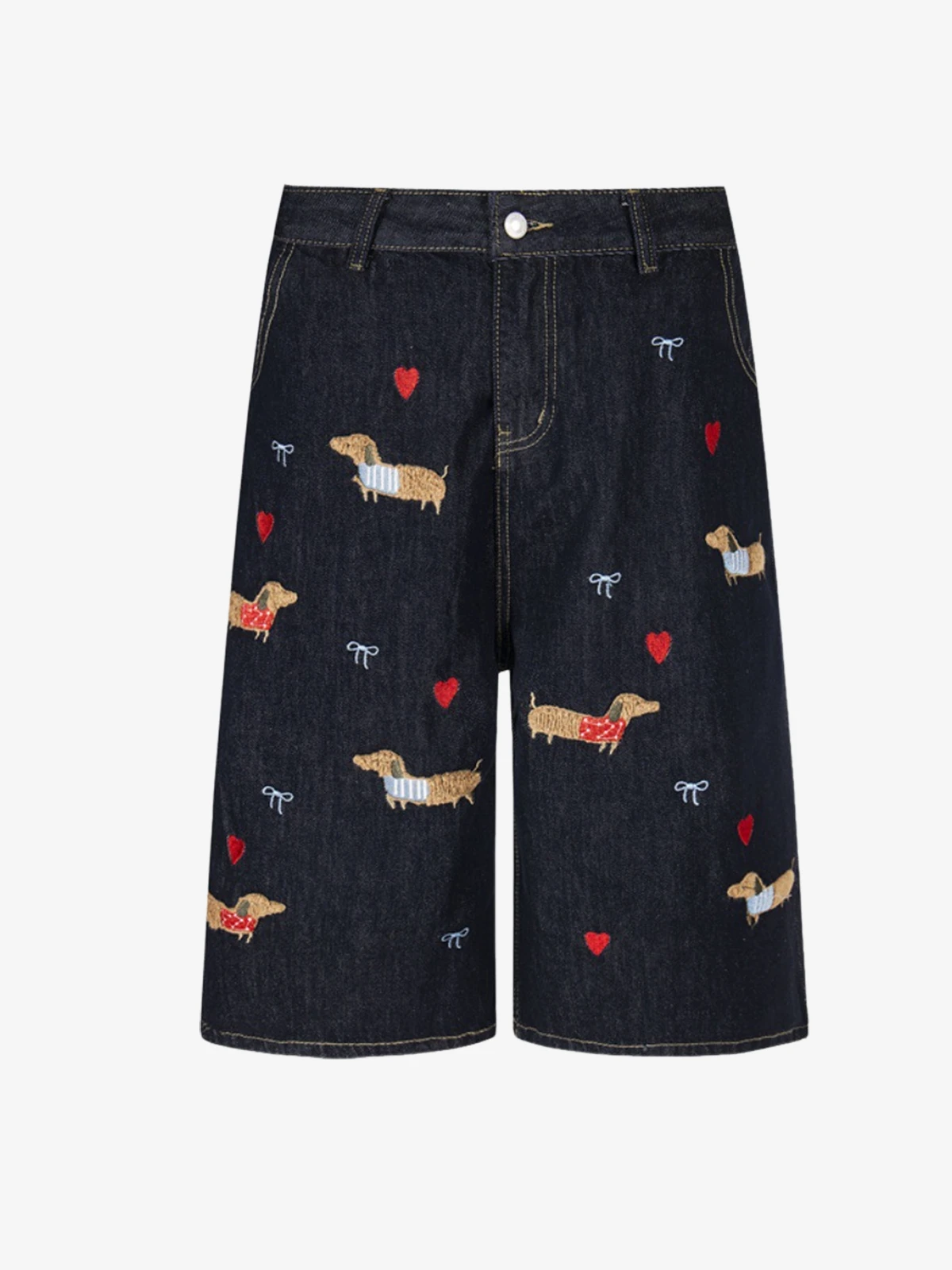 Black Act Chic Dachshund Embroidery Longline Jorts Front