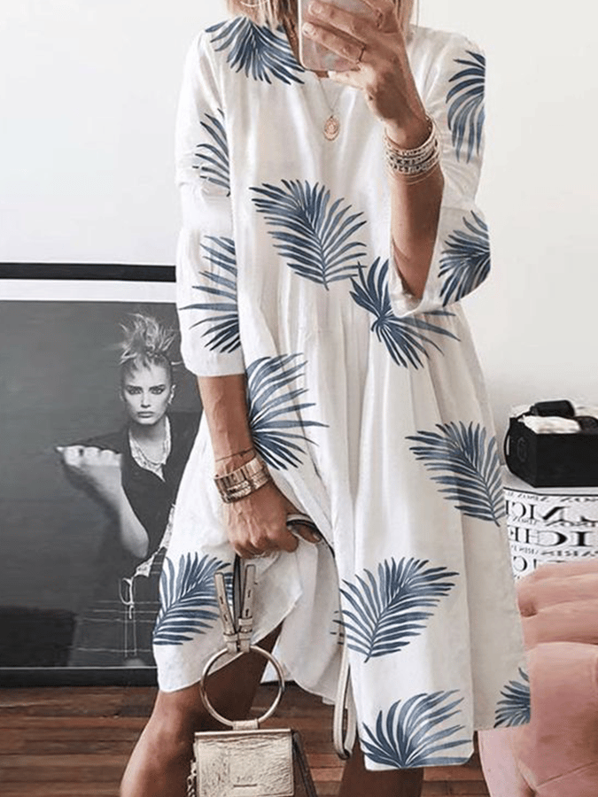 Women's Casual Botanical Print Crew Neck Loose Dress