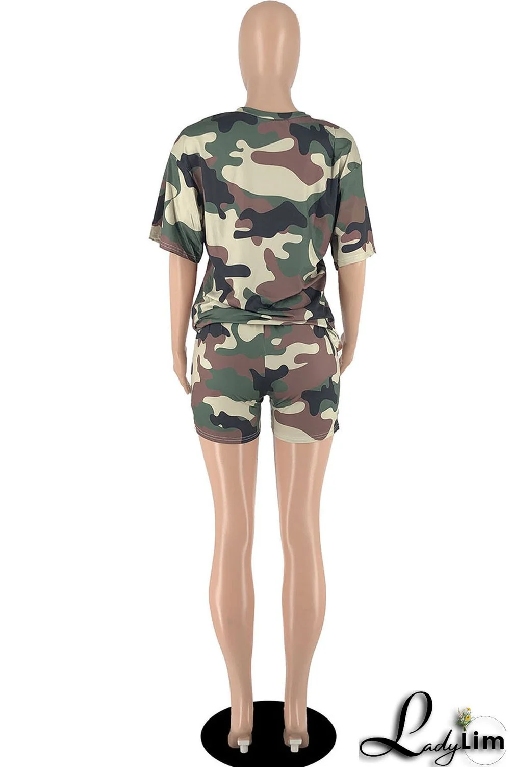 Army Green Casual Print Patchwork O Neck Short Sleeve Two Pieces