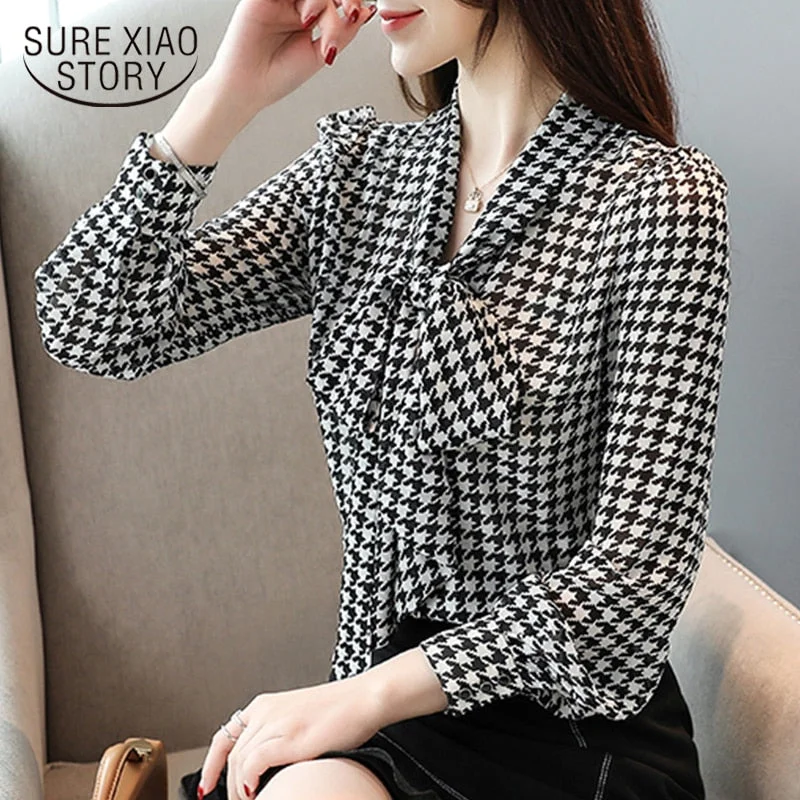 Bow Lattice Long Sleeve Chiffon Shirts Blusa Mujer Elegante Blouses Woman Blusas Mujer De Moda 2022 Offfice Ladies Tops 6436 50