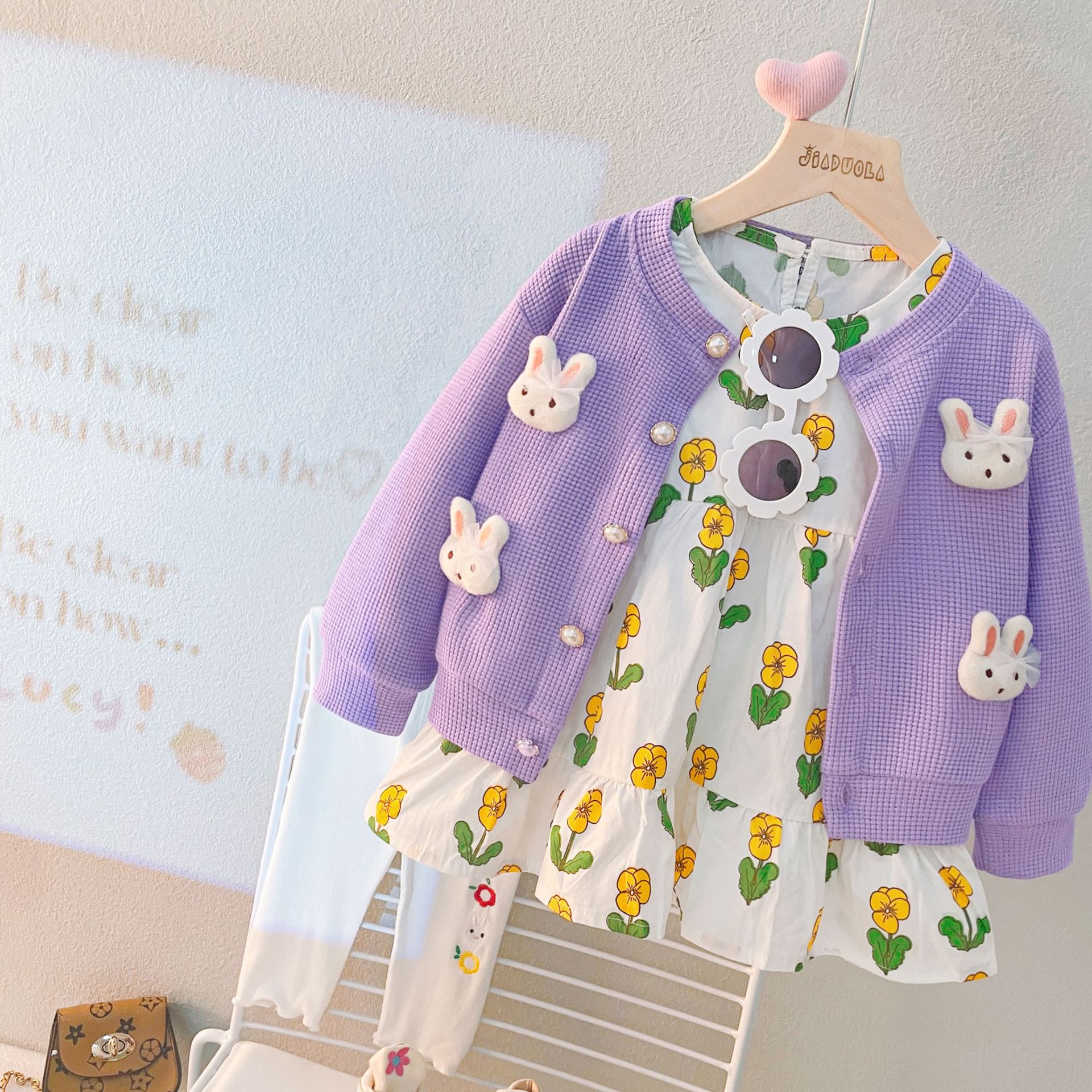 3pcs Cardigan +Dress+Knit Pants Baby Girl Rabbit and Floral Graphics