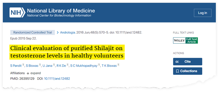 'Screenshot of National Library of Medicine article on Shilajit and testosterone levels in volunteers.'