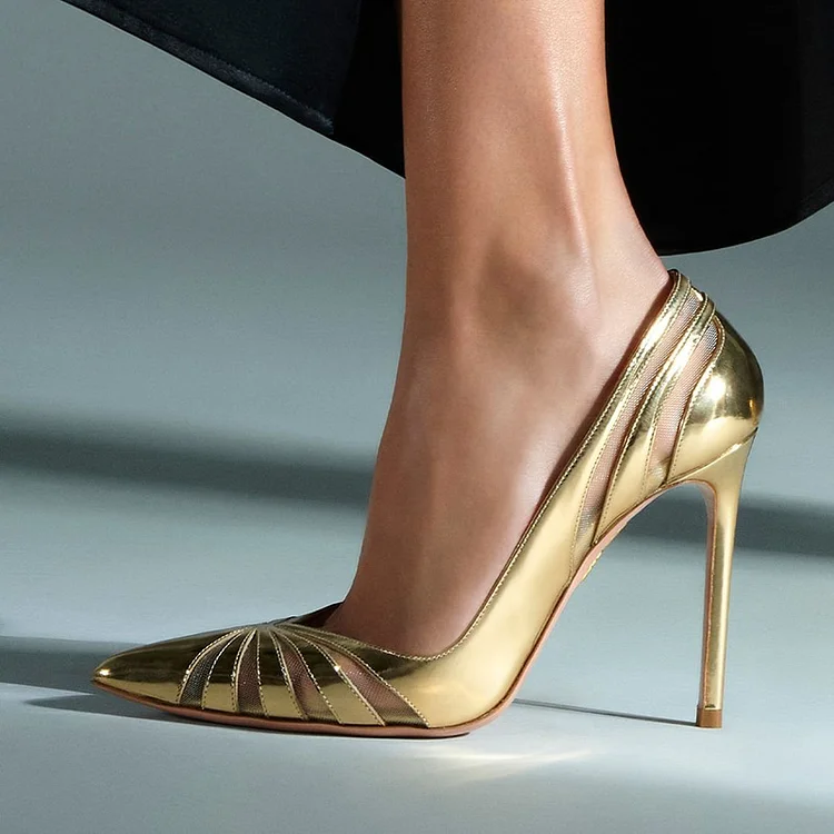 Pointy Toe Gold Heels Classic Hollow Out Stiletto Pumps Vdcoo