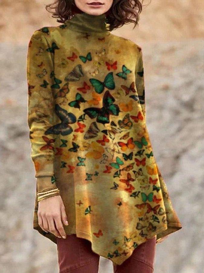 Ladies'Turtle Neck Long Sleeve Floral Printed TOP