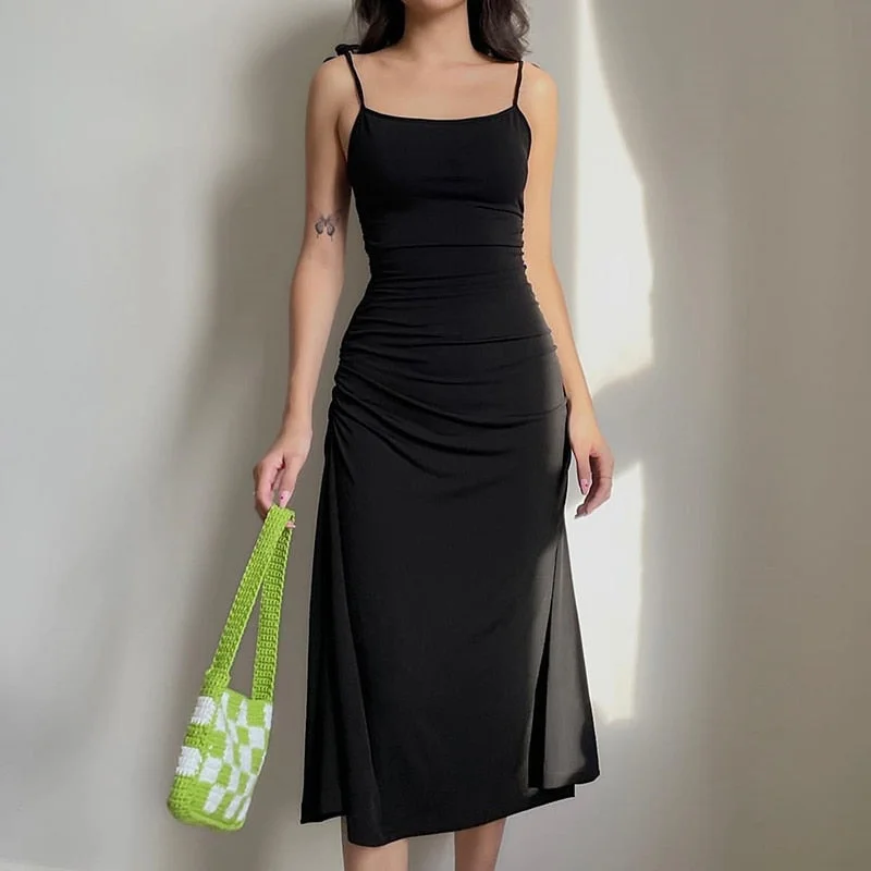 Rapcopter Tie Up Midi Dress Backless Sexy Goth Black Spaghetti Strap Dress Women Slim Bodycon Basic Casual Sundress Streetwear