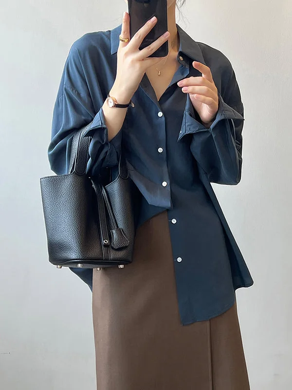 Vintage Long Sleeves Loose Solid Color Lapel Collar Blouses