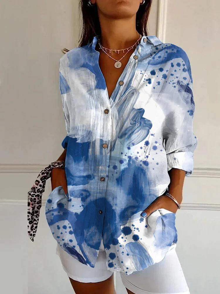 Vintage Blue and White Floral Print Long Sleeve Shirt