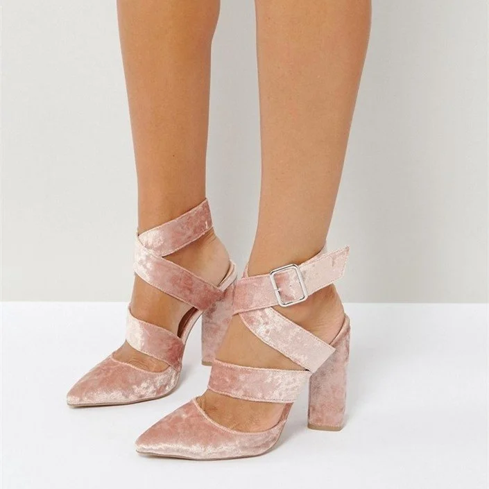 Pink Velvet Strappy Sandals Chunky Heels Slingback Shoes |FSJ Shoes
