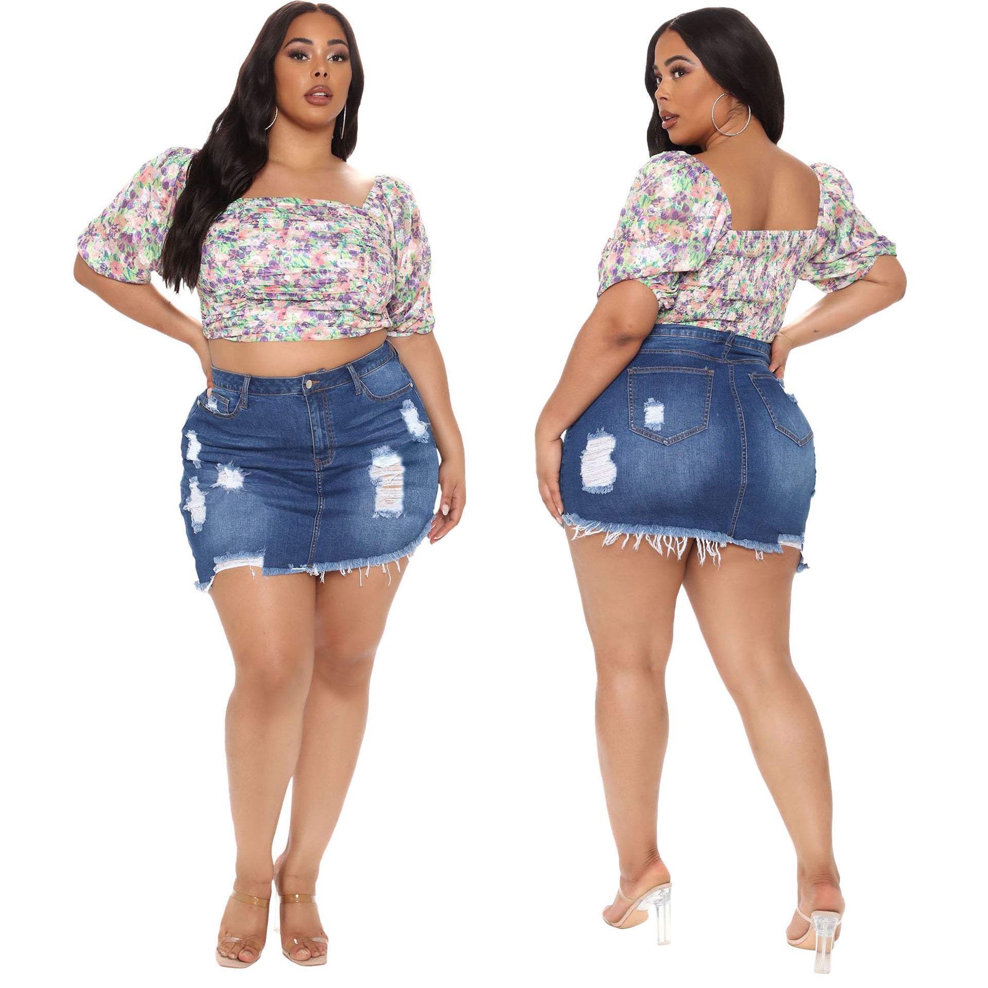 Plus Size Sexy Hand Frayed Raw Hem High Waist Irregular Asymmetric Denim Short Skirt