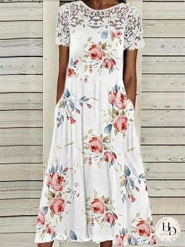 Casual Dress Summer Dress Print Dress Floral Lace Ruched Crew Neck Lace Sleeve Midi Dress Active Fashion Outdoor Daily Short Sleeve Regular Fit White Summer Spring S M L XL XXL for Women