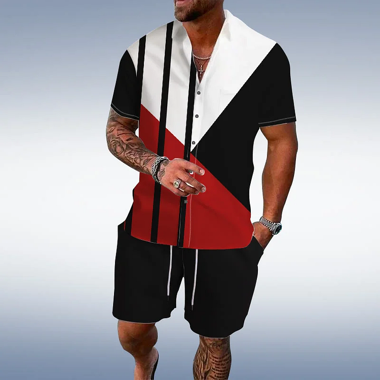 Casual Colorblock Geometric Print Shirt And Shorts Co-Ord