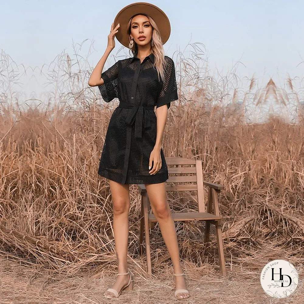 New Fashion Lace-up Black Mesh Perspective Dress Black Dresses